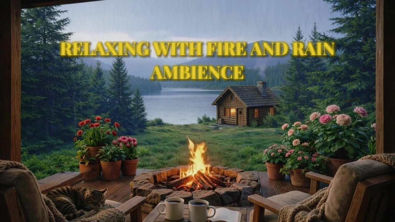 Relaxing Fire and Rain Ambience 🔥🌧️ Cozy Cabin by the Lake for Sleep & Study 2 hours long