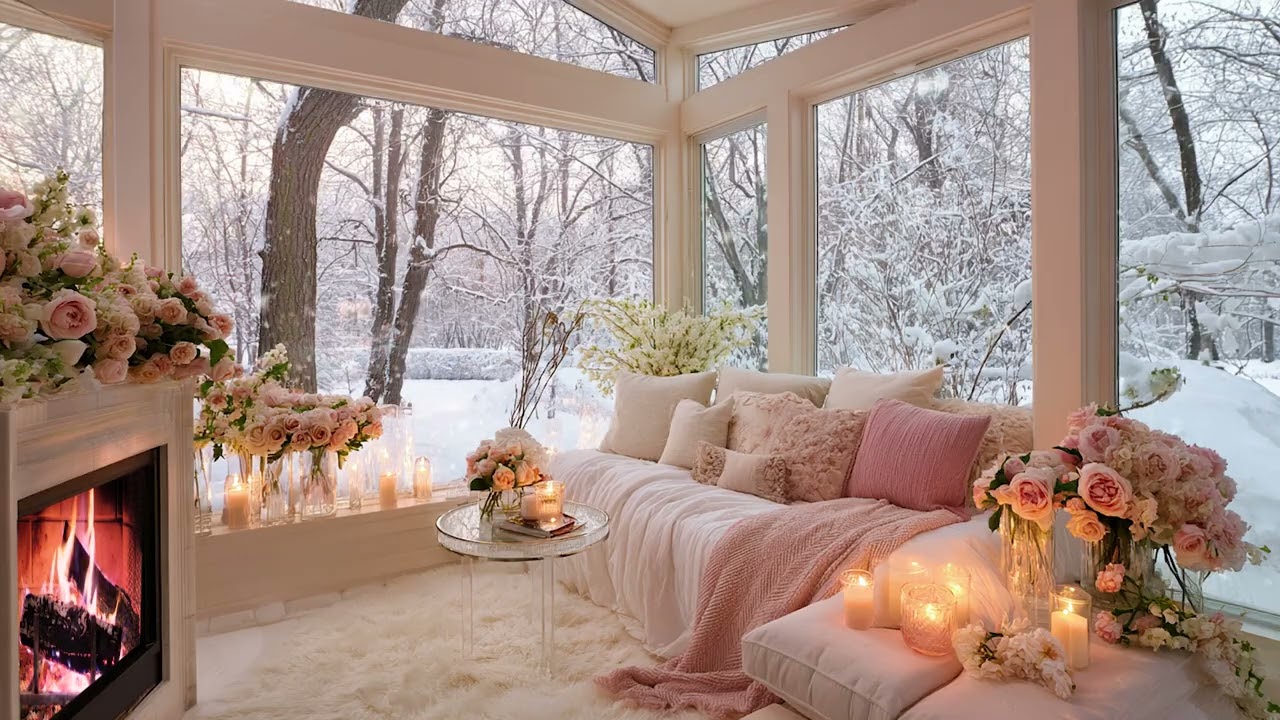 Winter Snow Wind Beyond the Glass | Soft Fireplace Crackling Sounds for Deep Relaxation