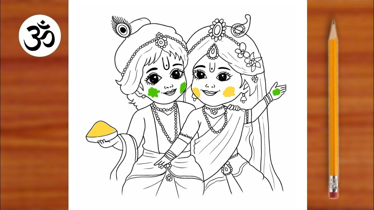 How to draw radha krishna playing holi || Divine love of radha krishna beautiful holi drawing Chitra