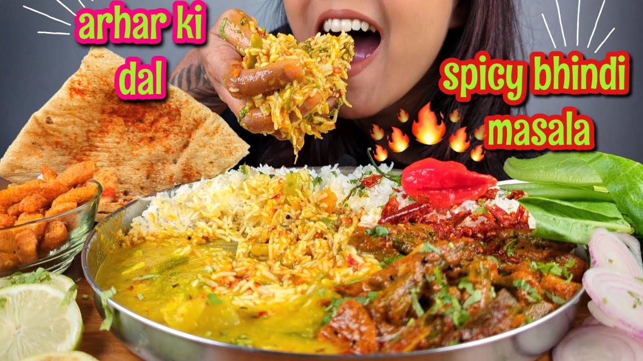 EATING ARHAR KI DAL & SPICY BHINDI MASALA WITH RICE, PUNJABI PAKORA, SALAD MUKBANG