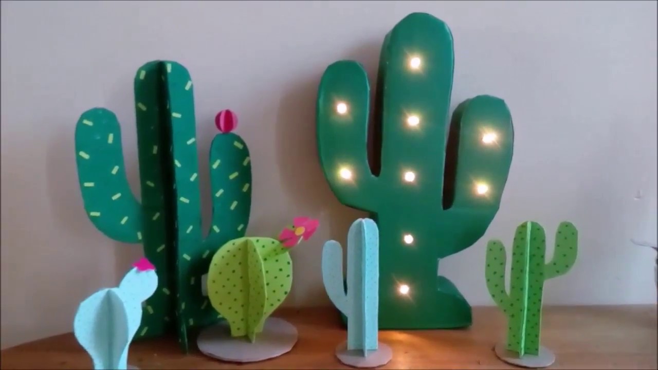 DIY DECORA TU HABITACION TEMATICA CACTUS, LAMPARA Y PLANTITAS DE CARTON
