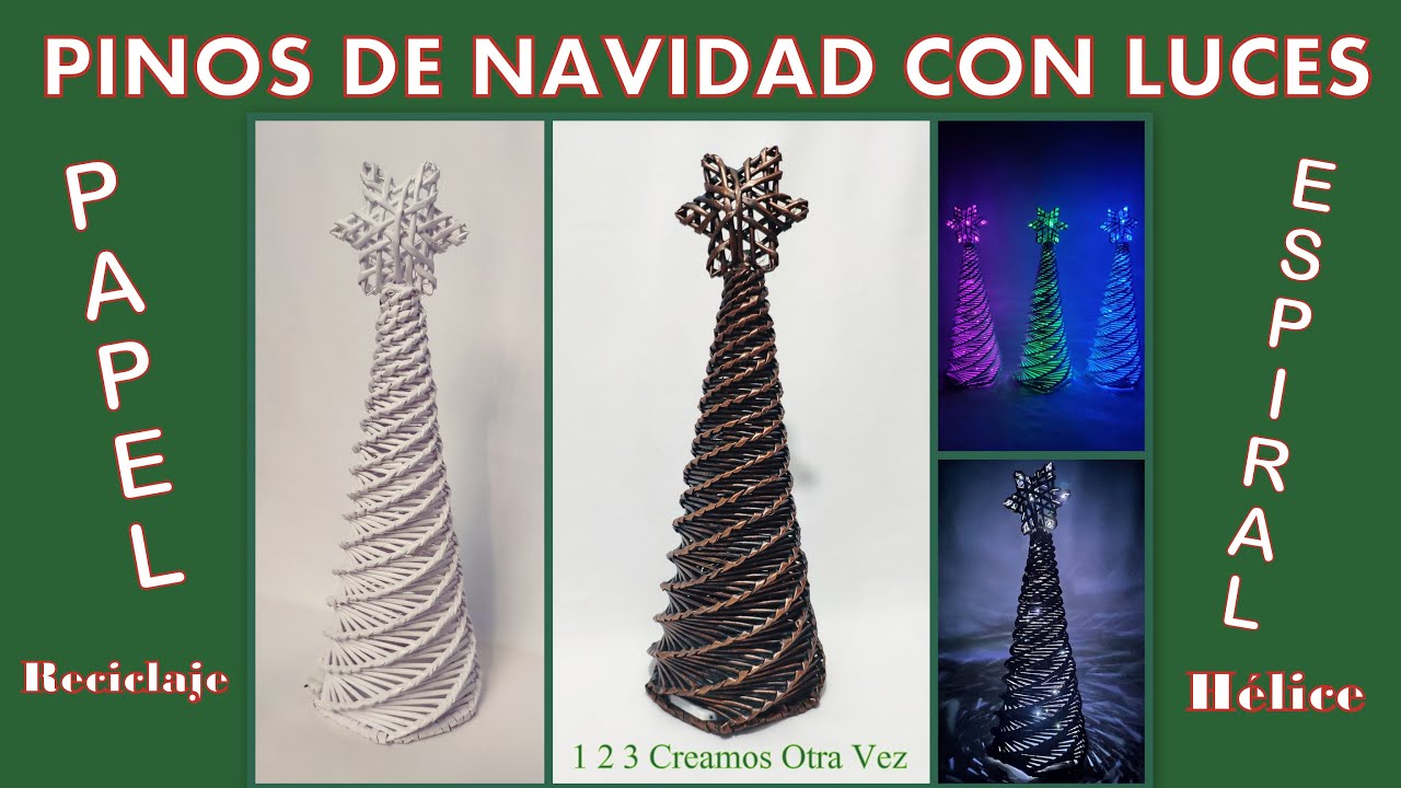 PINOS NAVIDEÑOS DE PAPEL CON LUCES Árbol de Navidad con material reciclado.