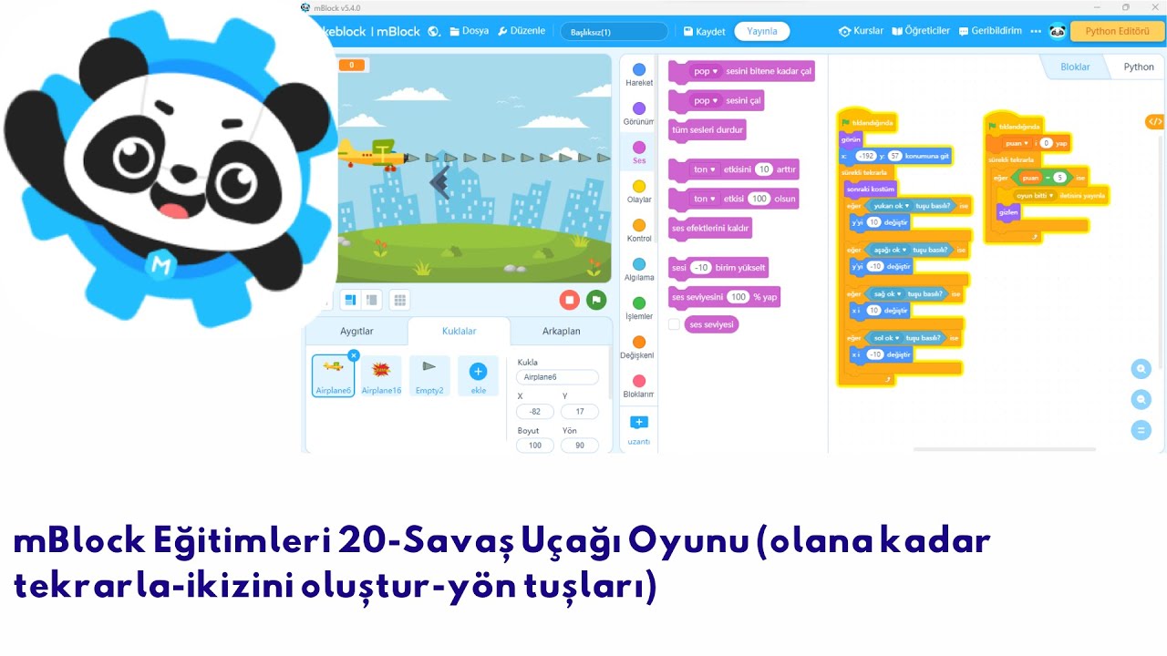 mBlock Eğitimleri 20-Savaş Uçağı Oyunu (olana kadar tekrarla-ikizini oluştur-yön tuşları)