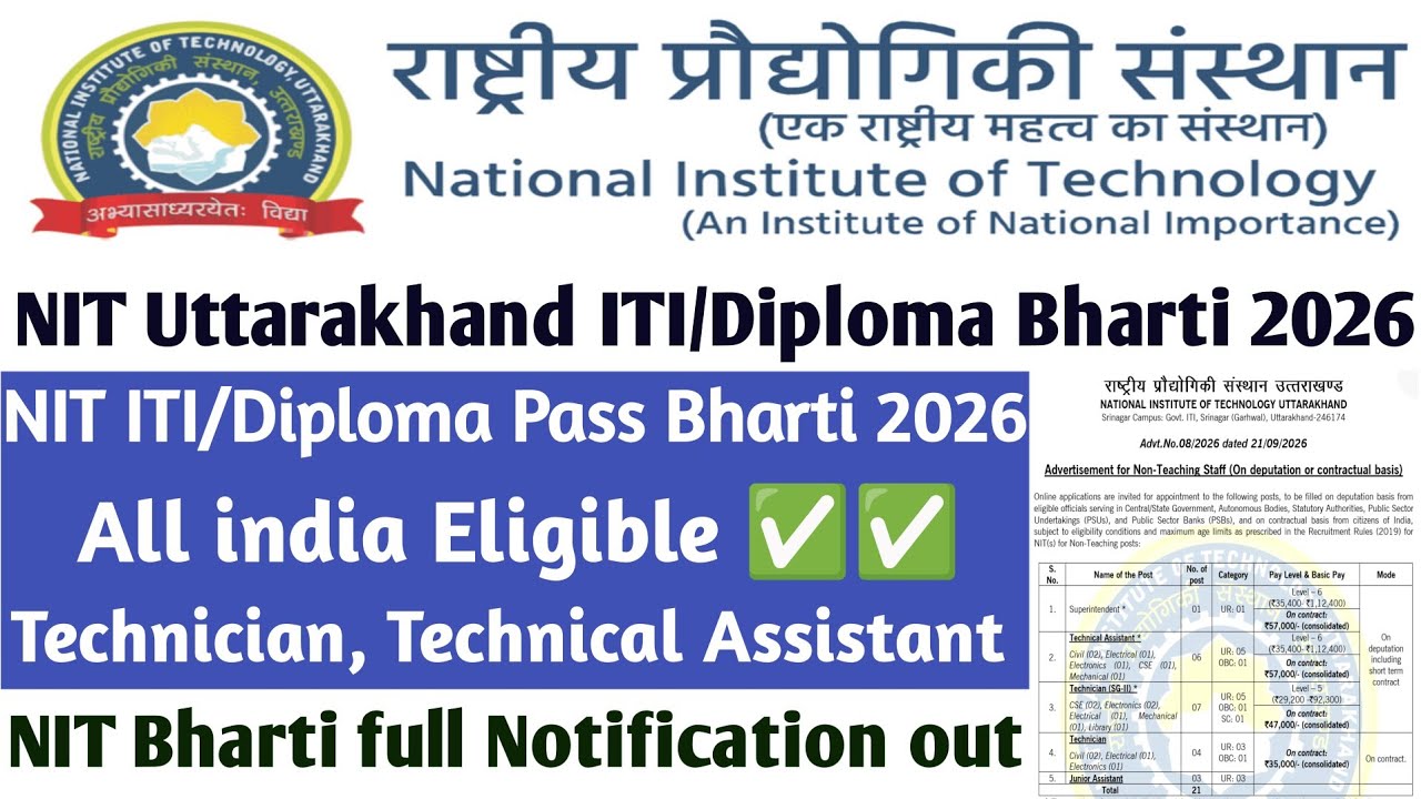 NIT Uttarakhand 2026 नई भर्ती 🚨 ITI Technician & Diploma Technical Assistant | Full Details