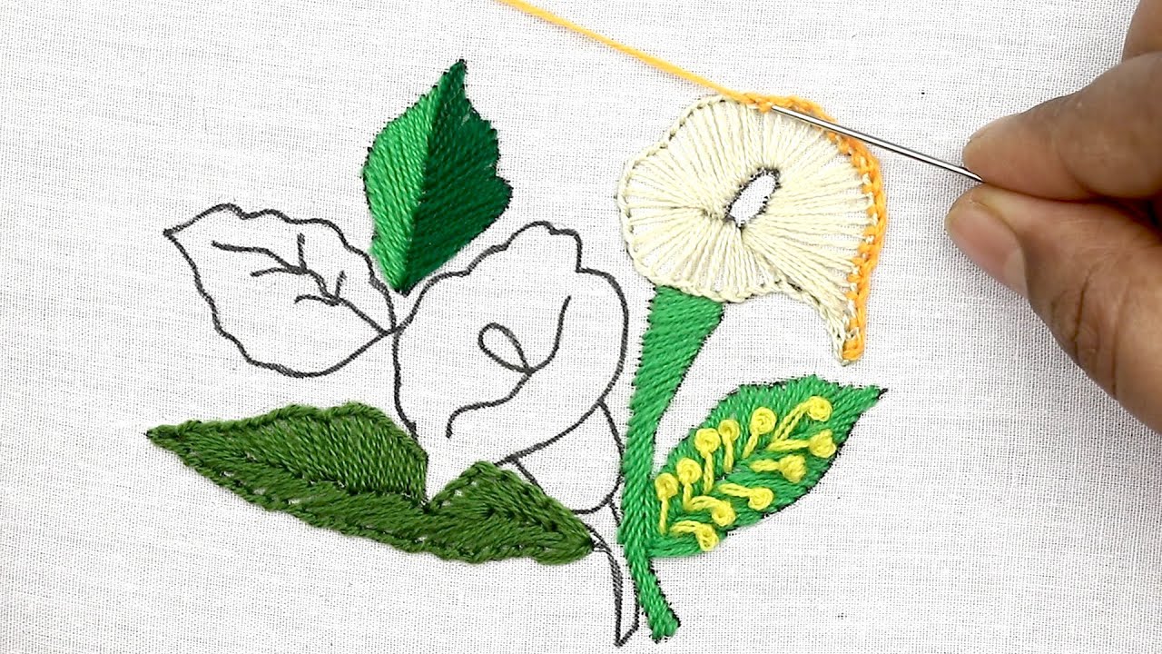 Amazing white Calla Lily flower embroidery designs with its drawing tutorial - how to embroider
