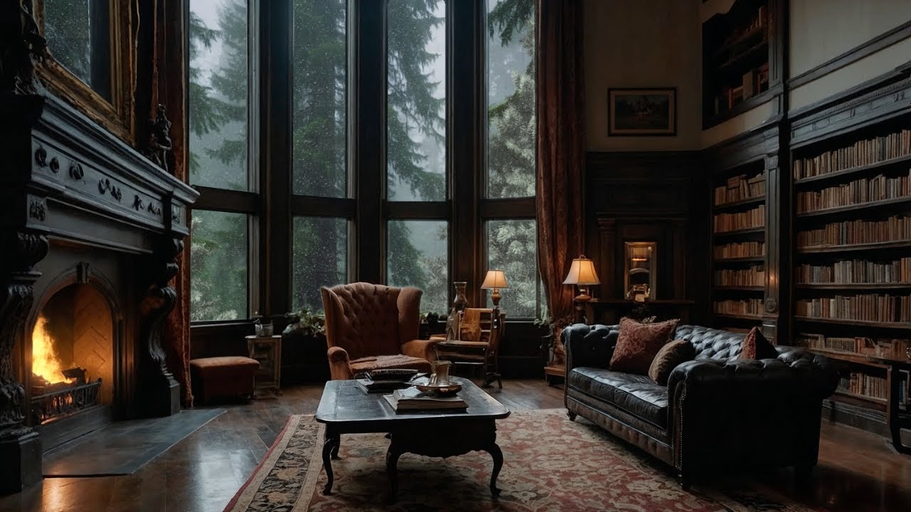 Dark Library Ambience ASMR Rain Sounds & Fireplace NO Mid Roll Ads | for Studying & Focus no music