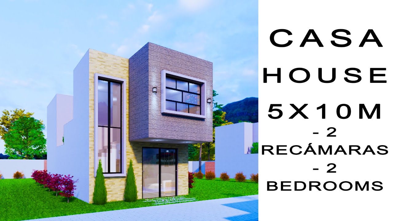 Plano de casa 5x10 metros con jardín interior | House design 5x10 with interior garden