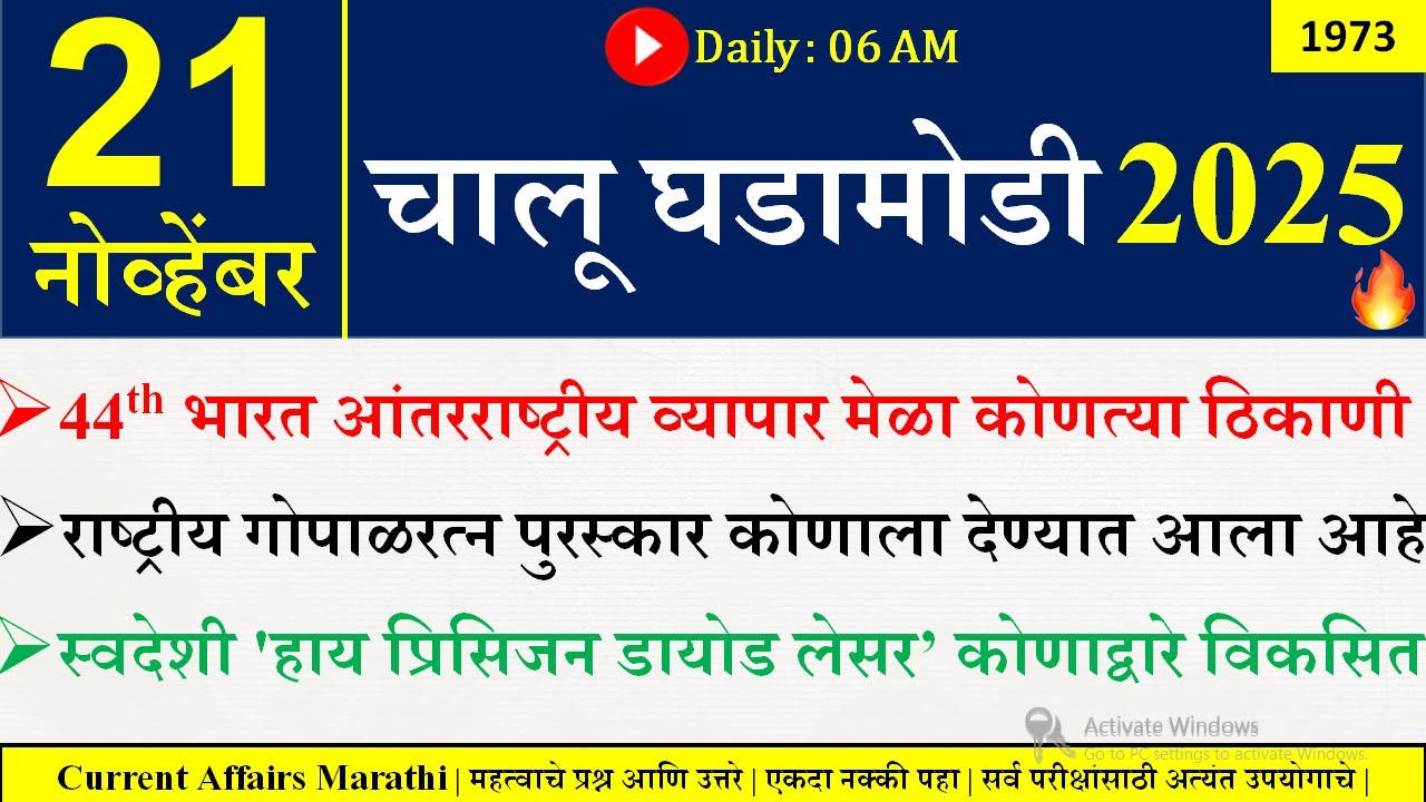 21 Nov 2025 | Daily Current Affairs 2025 | Current Affairs Today |Chalu Ghadamodi 2025 |Suhas Bhise