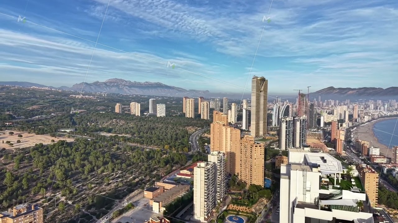 Morning cityscape with reflections, Bright morning imagery showcasing urban coastline and mountain