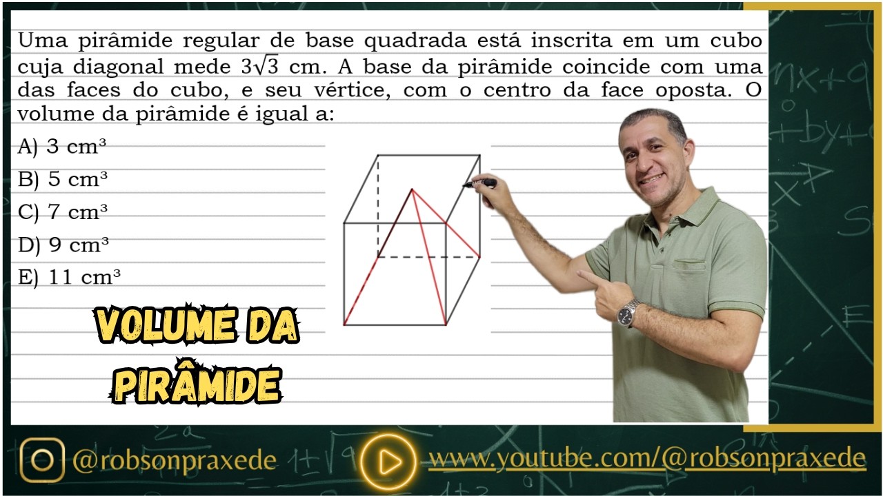 Uma pirâmide regular de base quadrada está inscrita em um cubo cuja diagonal mede 3√3 cm. A base da