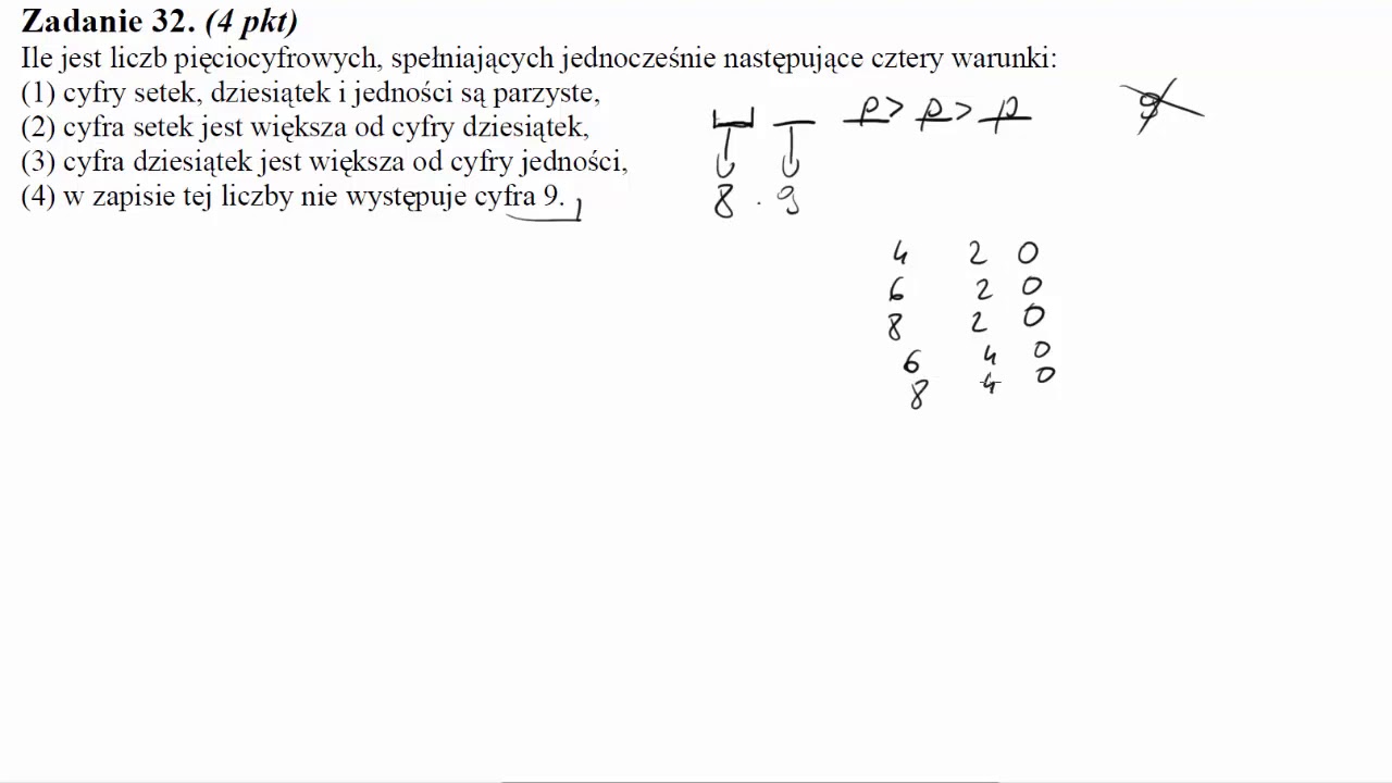 Matura sierpień 2011 zadanie 32 Ile jest liczb pięciocyfrowych, spełniających jednocześnie następują