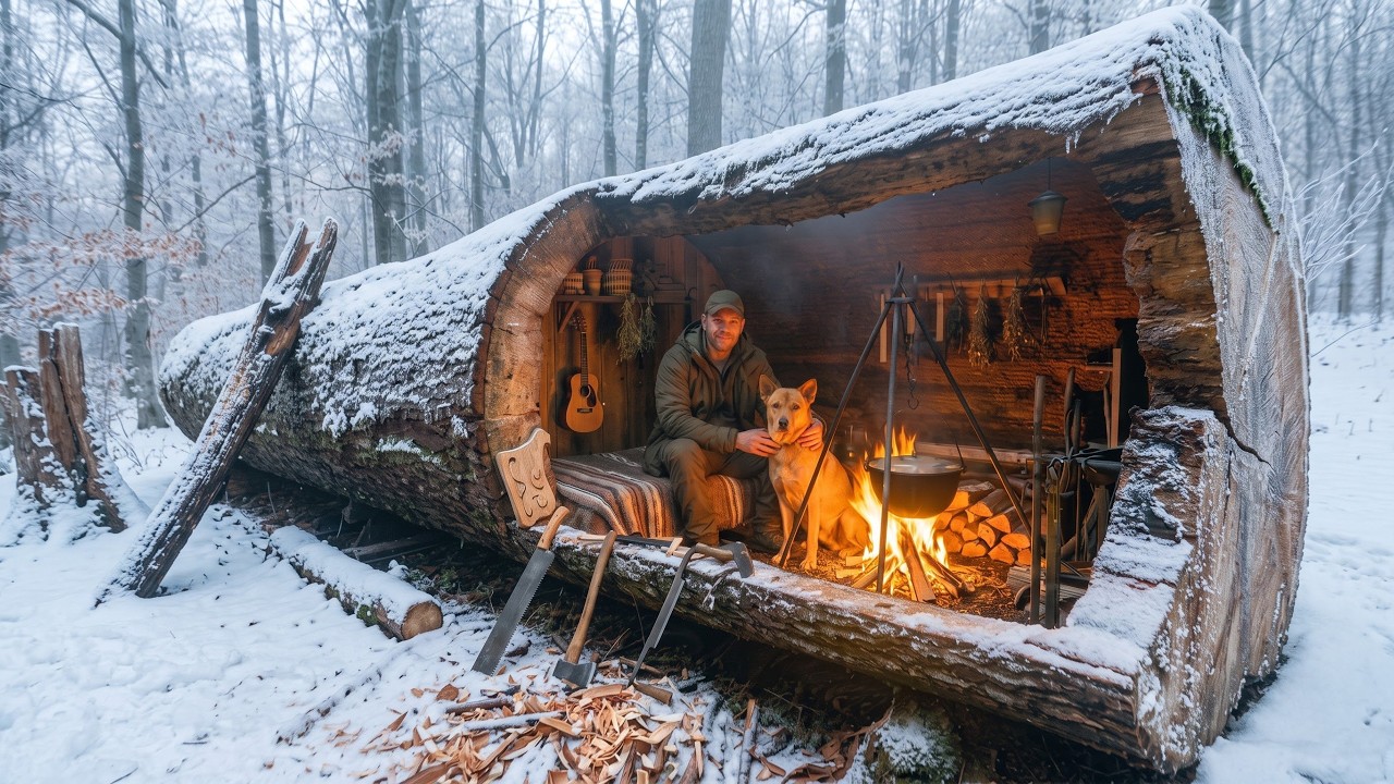🌲 I Built a Warm and Cozy Shelter Inside a Huge Fallen Tree | Bushcraft Survival in the Forest
