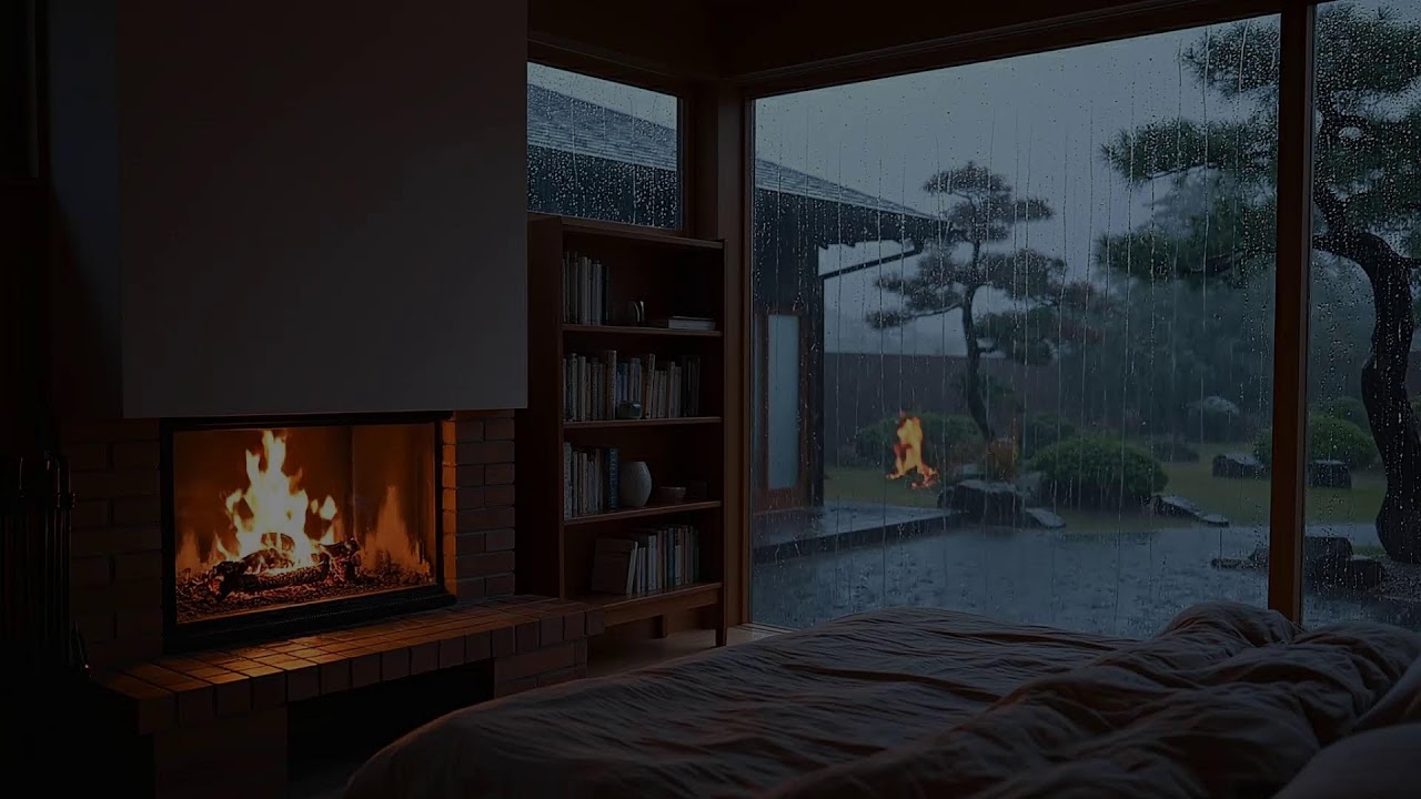 🔴 LIVE Rain Sounds & Soft Piano for Sleep (NO ADS) | Cozy Bedroom Fireplace Rainstorm Ambience