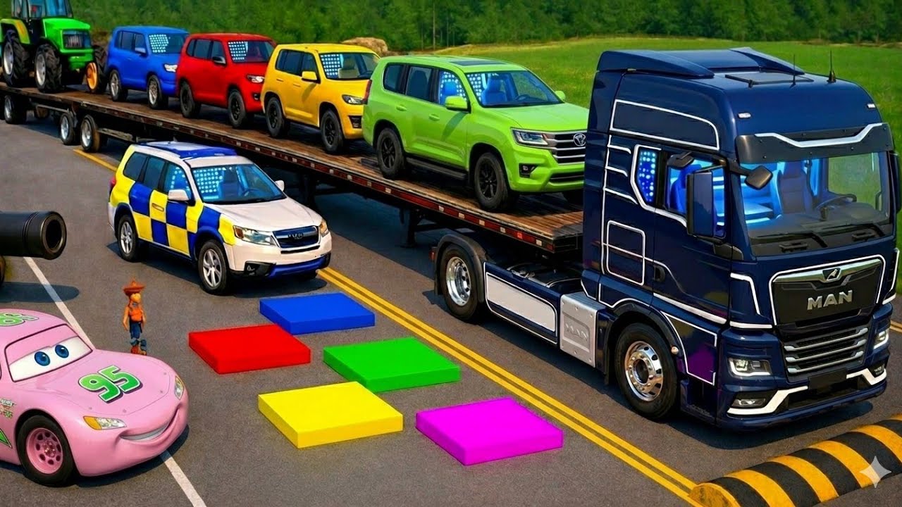 Flatbed Trailer Mcqueen Transportation with Truck | Cars vs Speedbumps vs Train | BeamNG.Drive #11