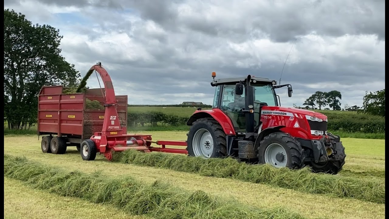 Cumbrian Silage 2023. JF drag chopper team working under cloudy skies with MF 7614, 6465 & 390!