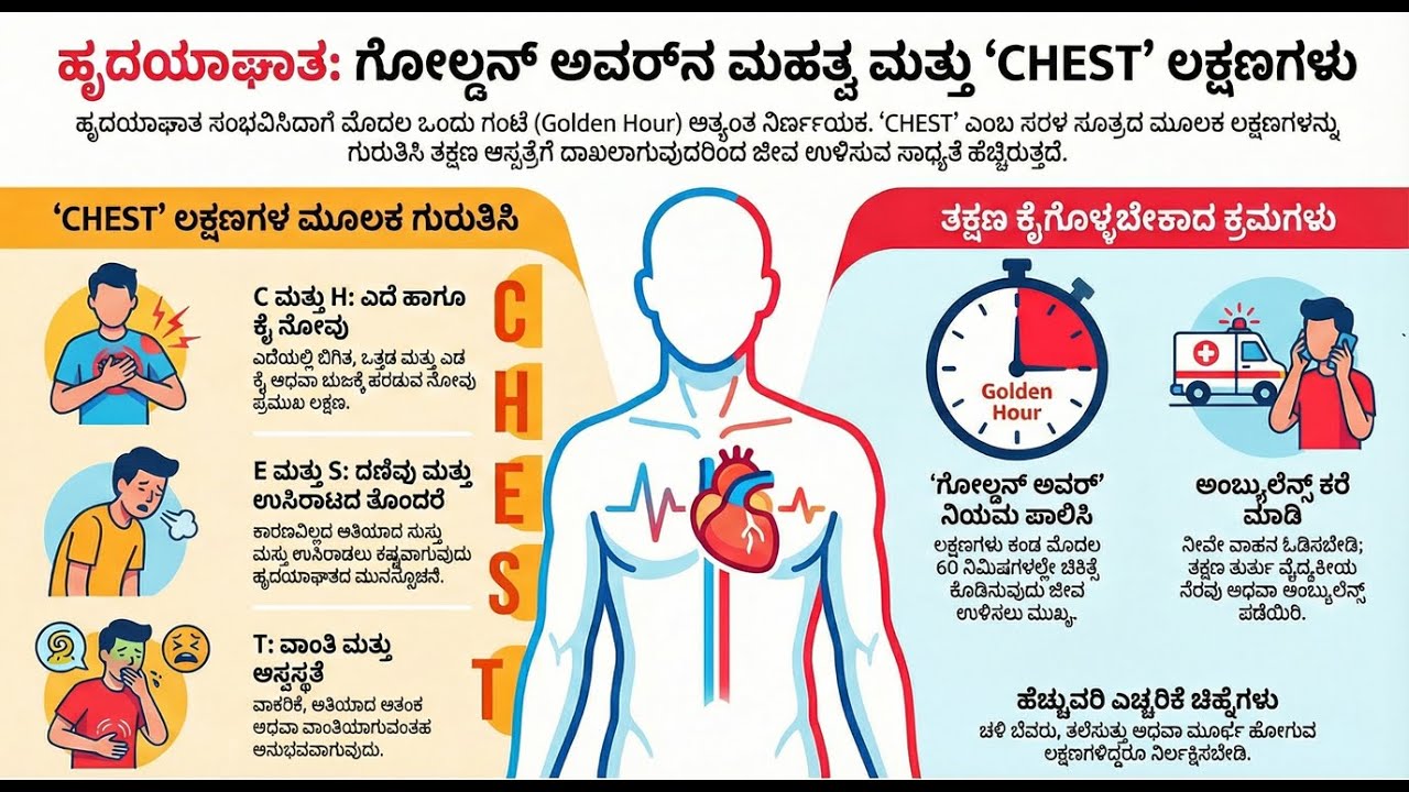 1️⃣ ಹೃದಯಾಘಾತದ ಮುನ್ಸೂಚನೆಗಳು | CHEST ವಿಧಾನ | Golden Hour ಮಹತ್ವ
