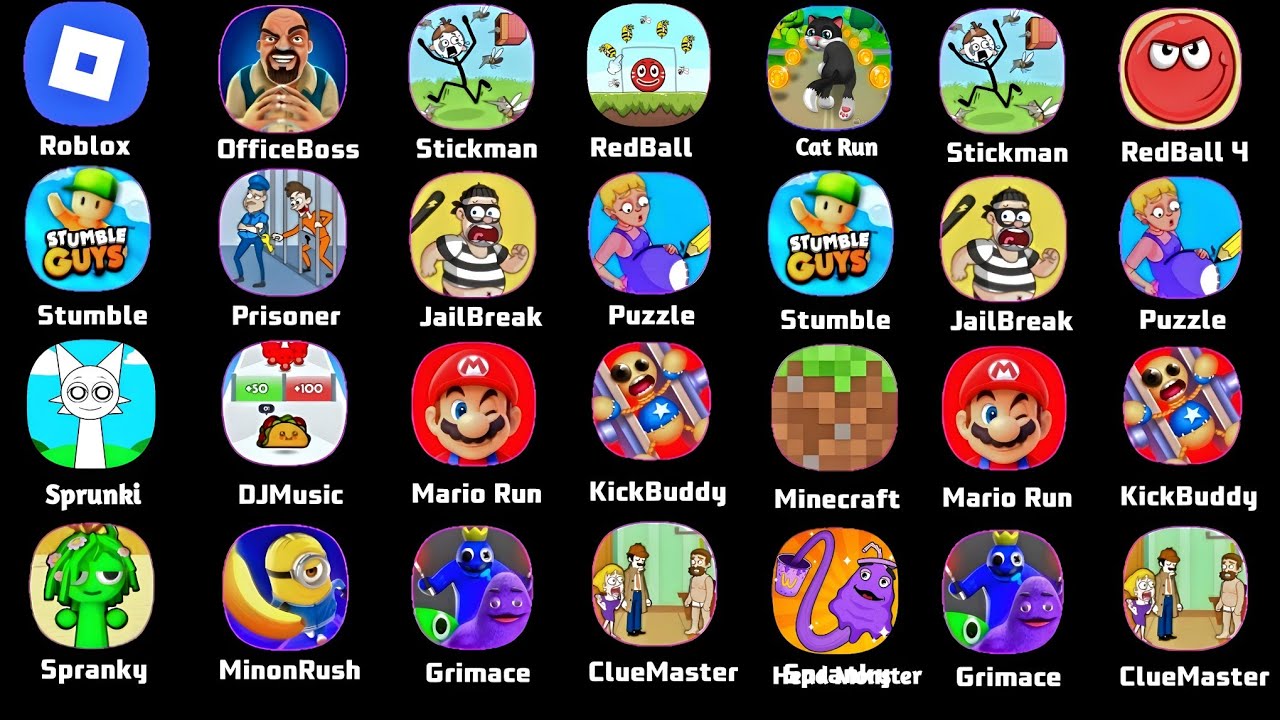 DJ Music Run, Stumble Guys, Minecraft, Jail Breaker,Red Ball 4, Roblox, Sprunki, Mario Kart, Roblox 