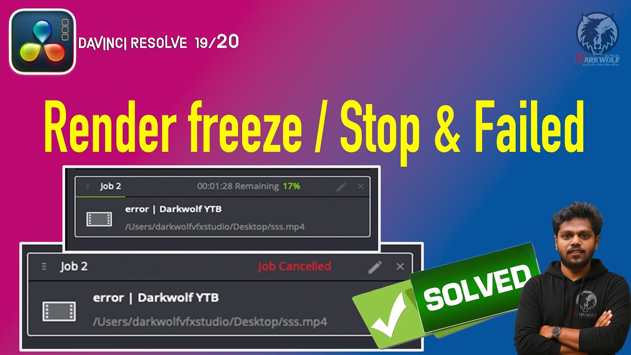 Render freeze / Stop & Failed in davinci resolve studio . time elapsed but render not complete