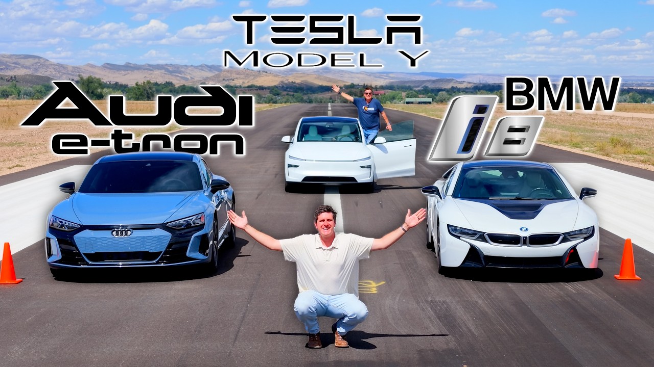 e-tron против i8 против Tesla: Вы говорите, что дрэг-рейсинг на электрокарах &mdash; это скучно... Мы п...