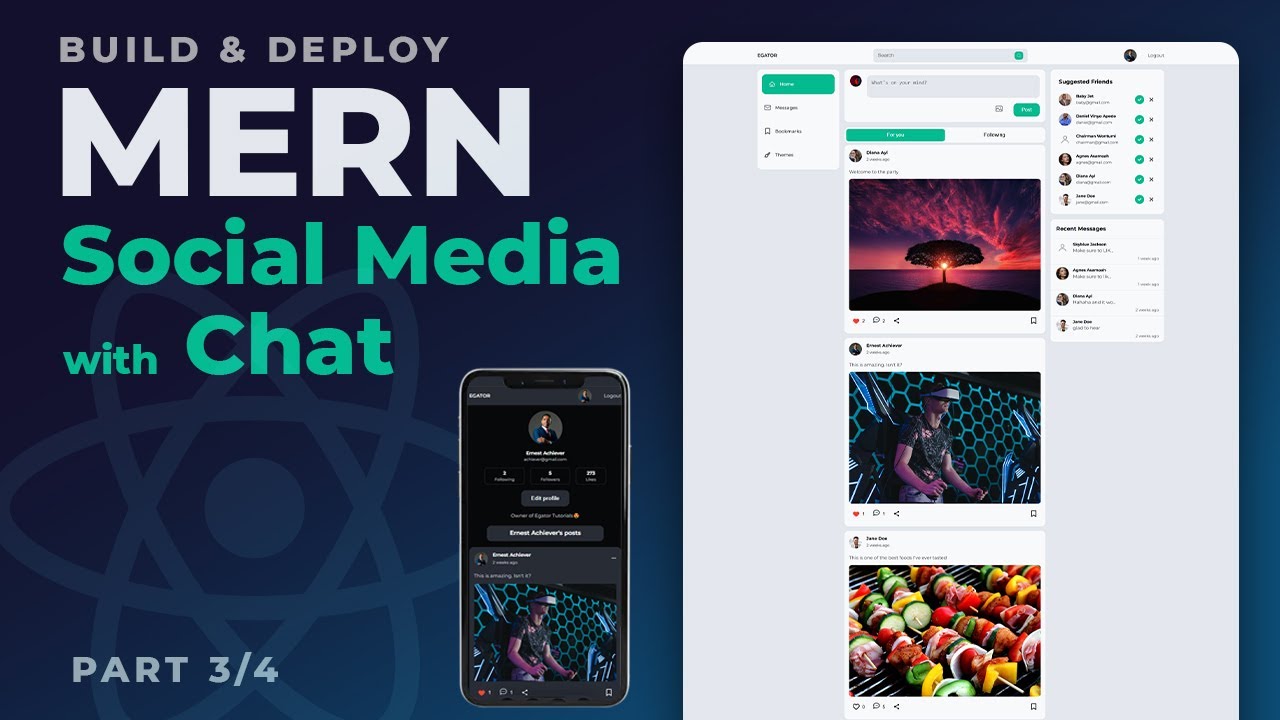 React MERN Stack Social Media App with Chat using MongoDB ExpressJS NodeJS ReactJS Tutorial 3/4