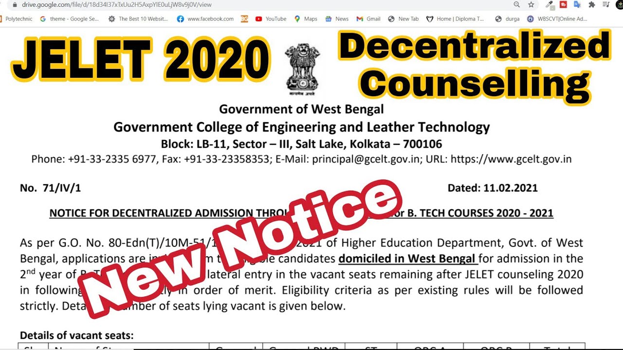 JELET 2020 Decentralized Counselling Notice For Government College of Engineering & Leather Tech.