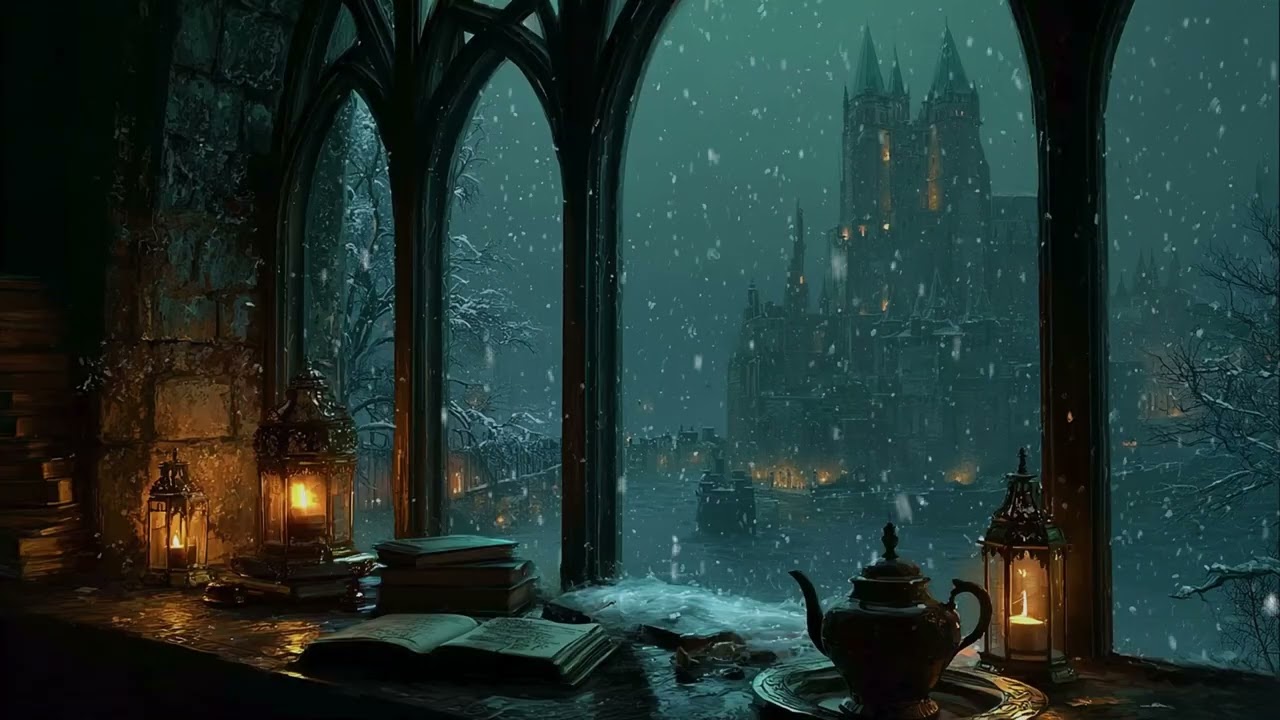 Dark Academia Winter Cottage Snow Ambience | Lantern-Lit Path for Deep Sleep, Calm and Focus