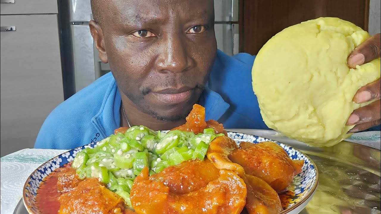 Asmr mukbang okro with stew and poteto fufu #eatingasmr #foodie #mukbang #asmr 