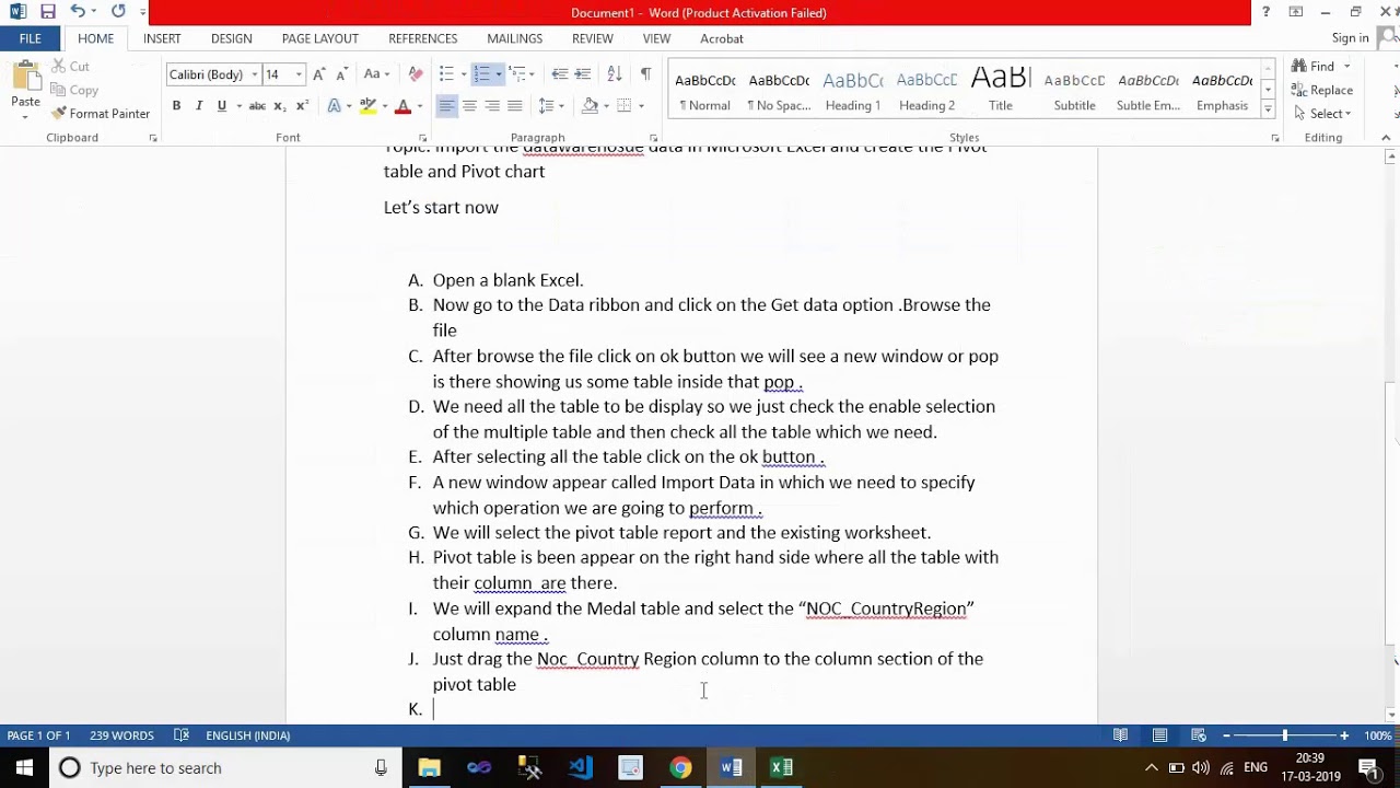 How to Import the datawarehouse data in Microsoft Excel and create the Pivot table and Pivot Chart