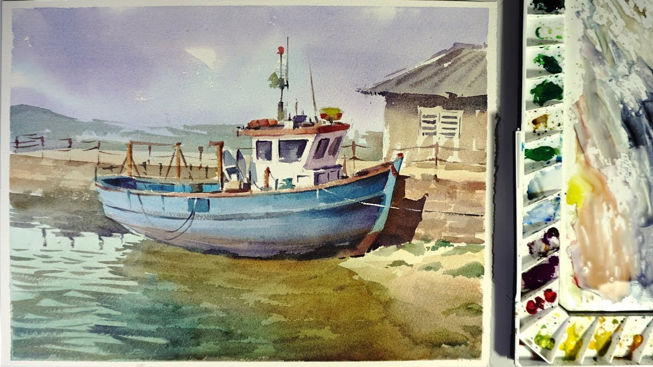 Watercolor Landscape Painting : A Boat Stuck On Shore