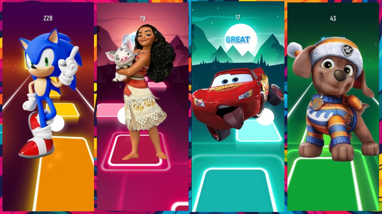 😱CRAZY CHALLENGE LVL2 SONIC🆚MOANA🆚MCQUEEN🆚PAW PATROL| ULTIMATE TILES HOP BATTLE🎶🔥