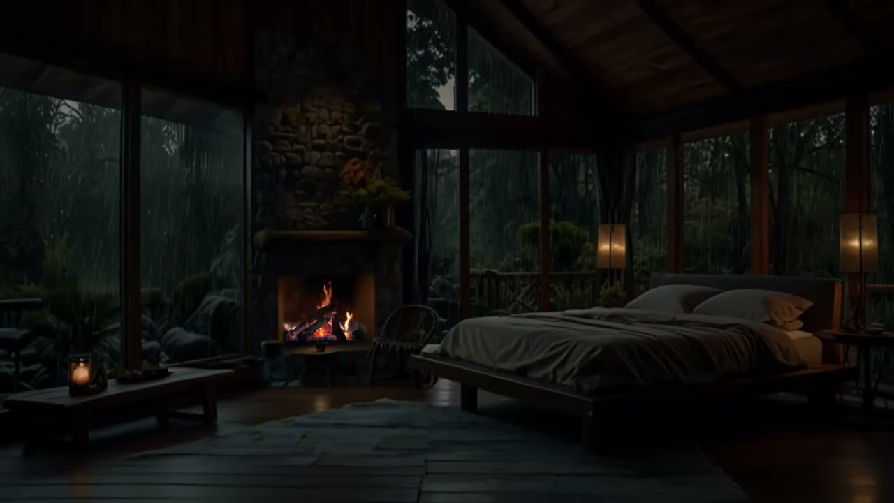 8 Hours of Rain Sounds for Sleeping 🌧️ Cozy Cabin with Crackling Fireplace | Relaxing Rain Ambience