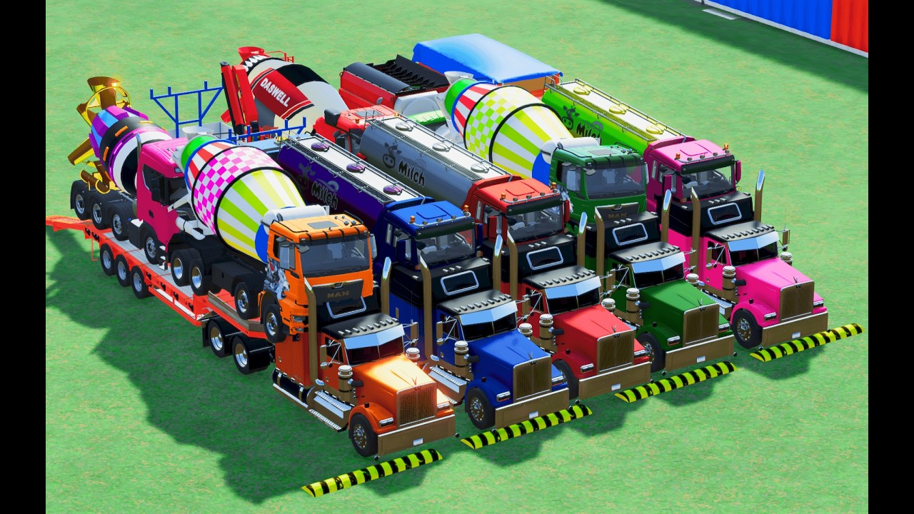 Garage with Colors   ALL MIXER TRUCK WITH DOUBLE FLATBED TRAILER TRUCK, MAN, MERCEDES, LIZARD FS22