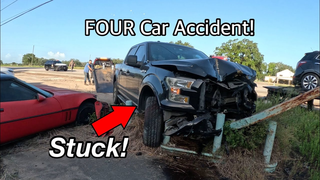 FOUR Vehicle Accident Leaves F-150 Stuck on Two Poles!