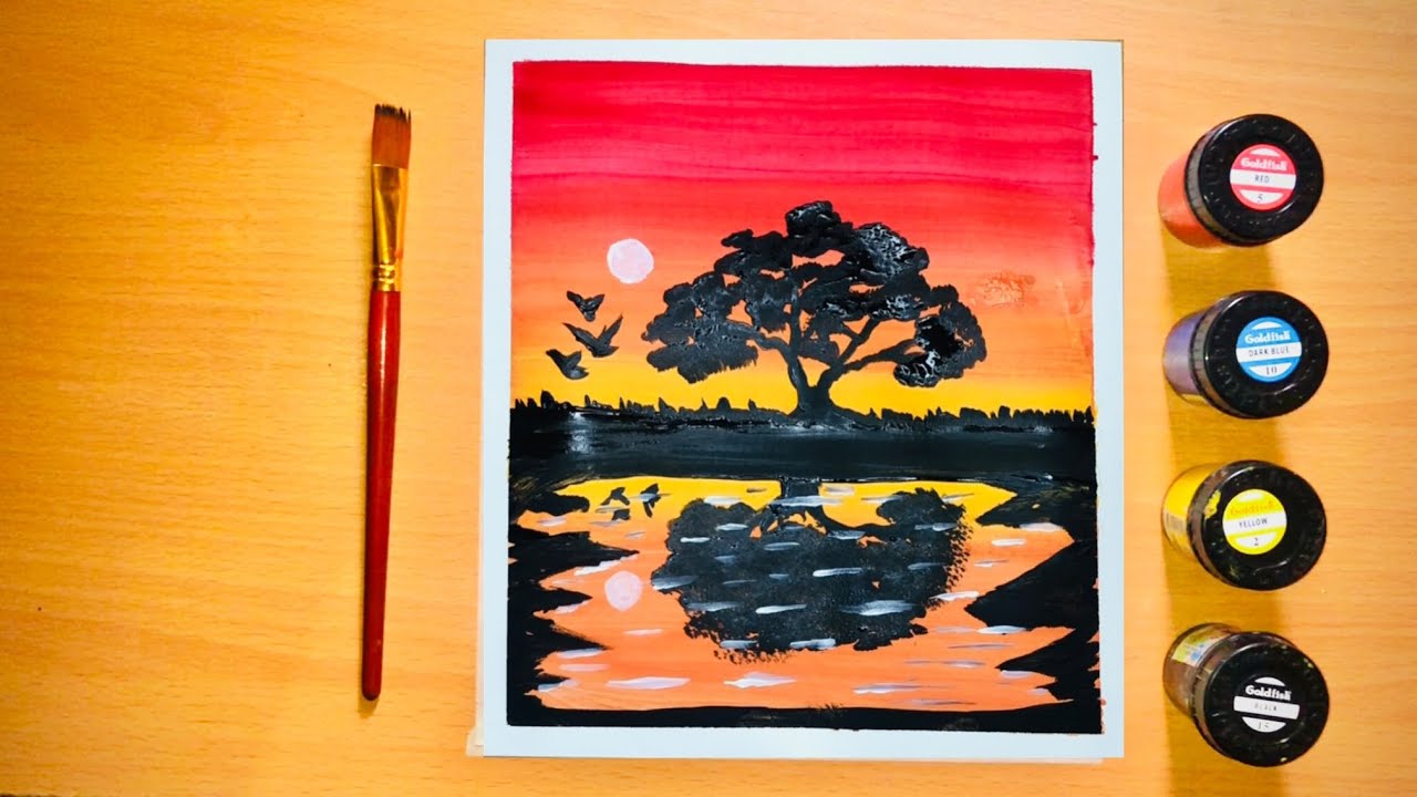 Easy Sunset Painting Tutorial | poster colors | Acrylic painting For beginners| 