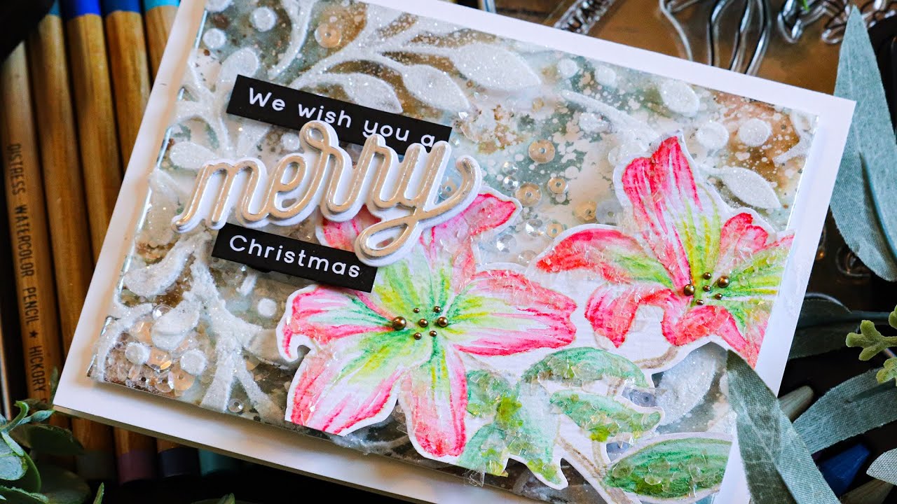 Tim Holtz Watercolor Pencils + Stenciling on a Shaker Card + Simon's Altenew Collab!