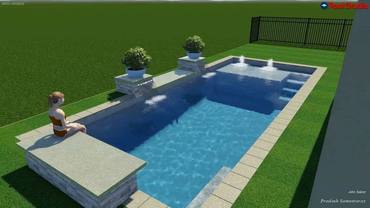 12'x 30' Pool with Water Feature Wall, 2 Columns w/ Sheer Descents, Turf Deck, Travertine