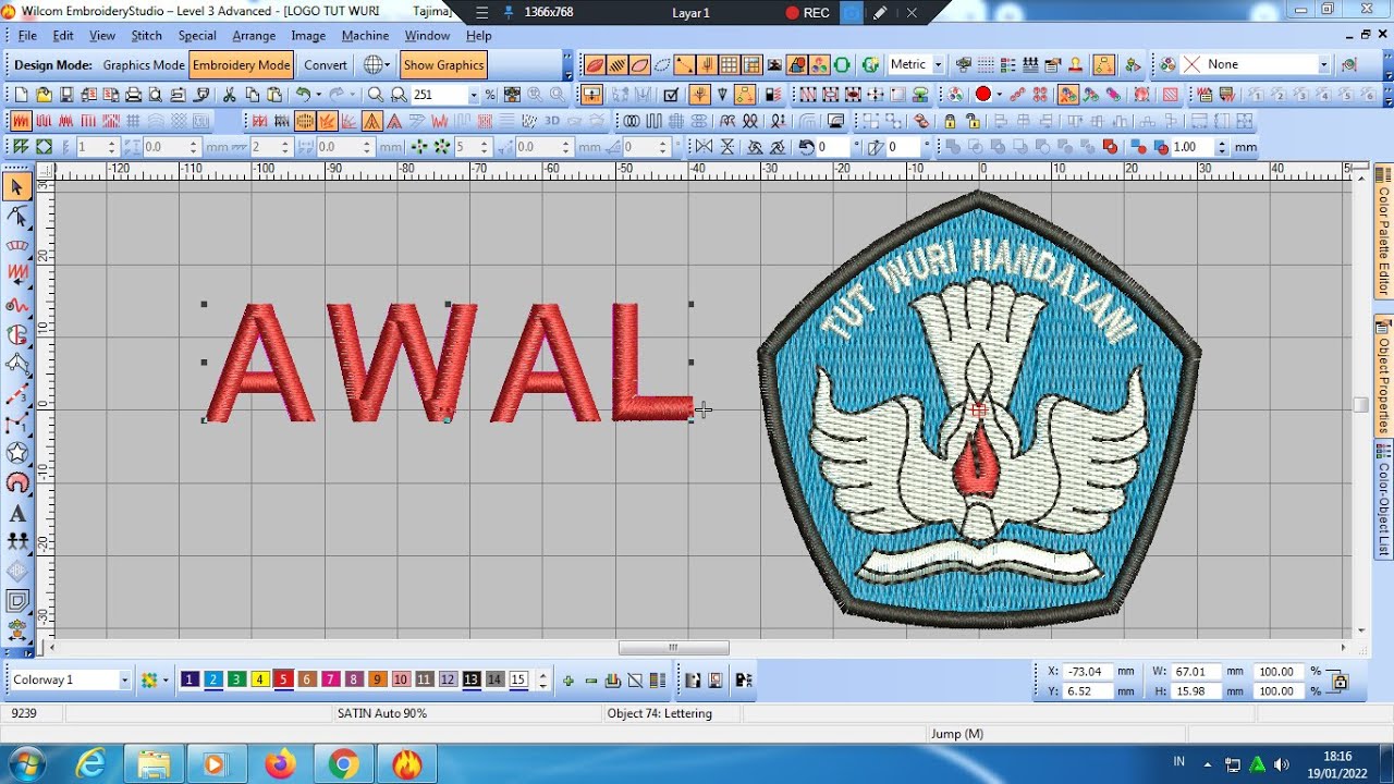 Tutorial Wilcom pemula, Logo Tutwuri hnadayani, Wilcom e2 #wilcomembroidery #wilcome2