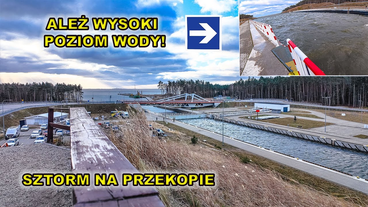Przekop Mierzei Wiślanej - wysoki poziom wody od strony zatoki - woda napiera na śluzę.