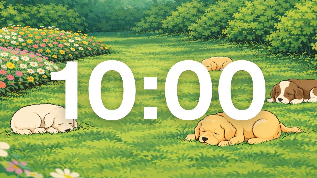 10 Minute Spring Timer - Puppies Laying in a  Backyard Garden