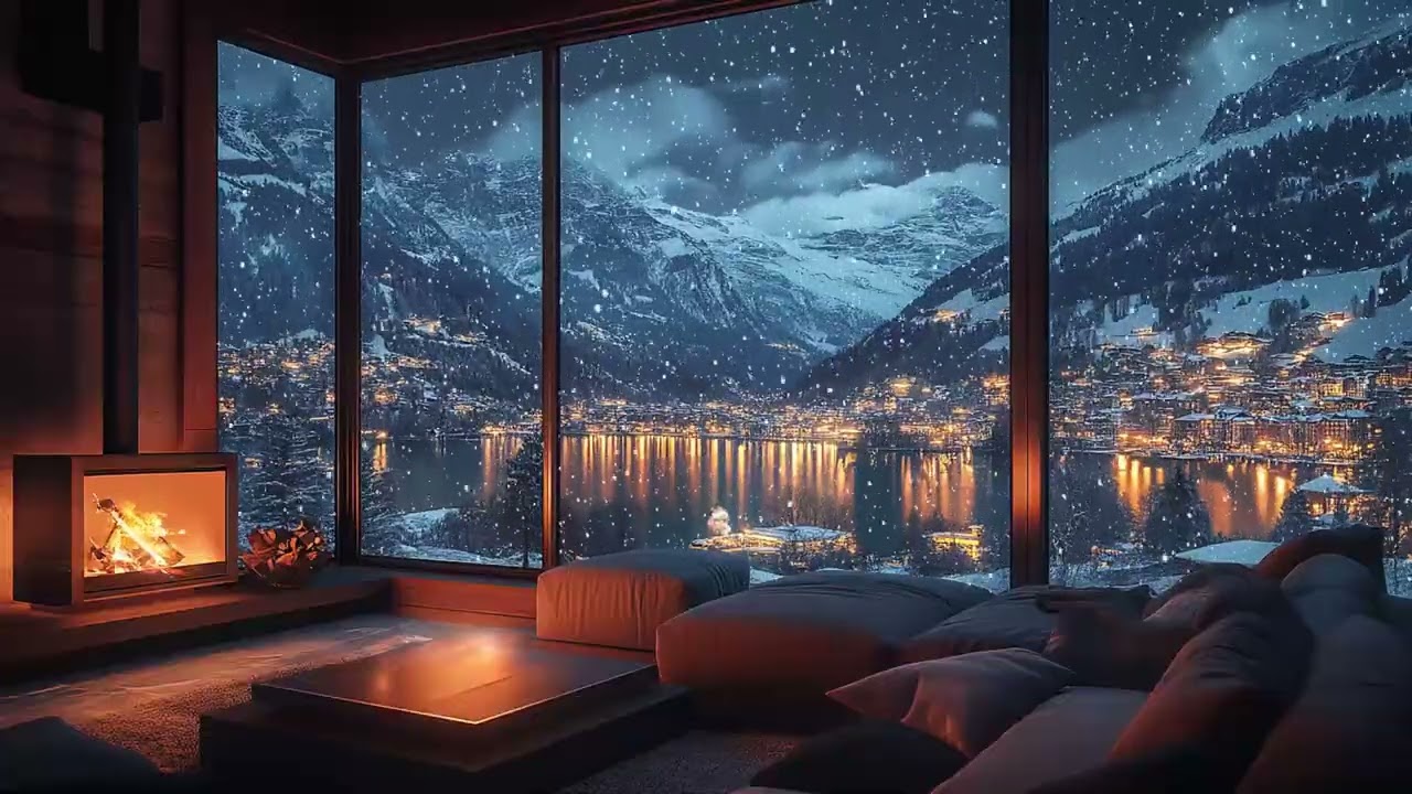 🕯️ Peaceful Snowy Evening by the Lake | Gentle Winter Sounds & Crackling Fire