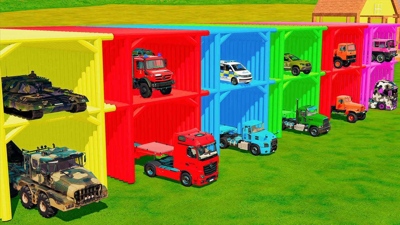 TRANSPORTING POLICE CAR, TANK, FIRE ENGINE & TRUCKS WITH HAULER TRUCKS! - Farming Simulator 22
