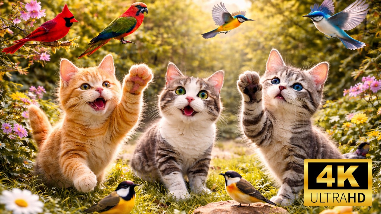⭐ TV for Cats 4K – Playful Kittens Watching Colorful Birds 🐦🌿 The Cutest Cat Entertainment