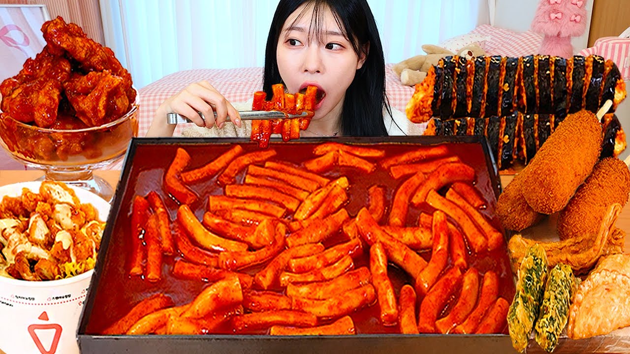 ASMR MUKBANG| Spicy Tteokbokki, Fried Chicken, Kimbap, Cup Rice, Cheese Hot Dog Eating & Recipe