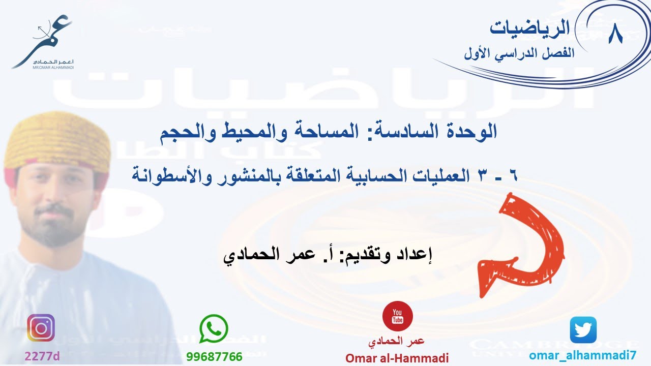 6 - 3 درس  العمليات الحسابية المتعلقة بالمنشور والأسطوانة- الرياضيات ( الصف الثامن) أ.عمر الحمادي