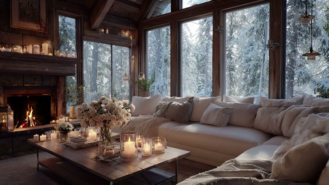 Cozy Winter Night Piano With Snowfall And Crackling Fire For Peaceful Rest
