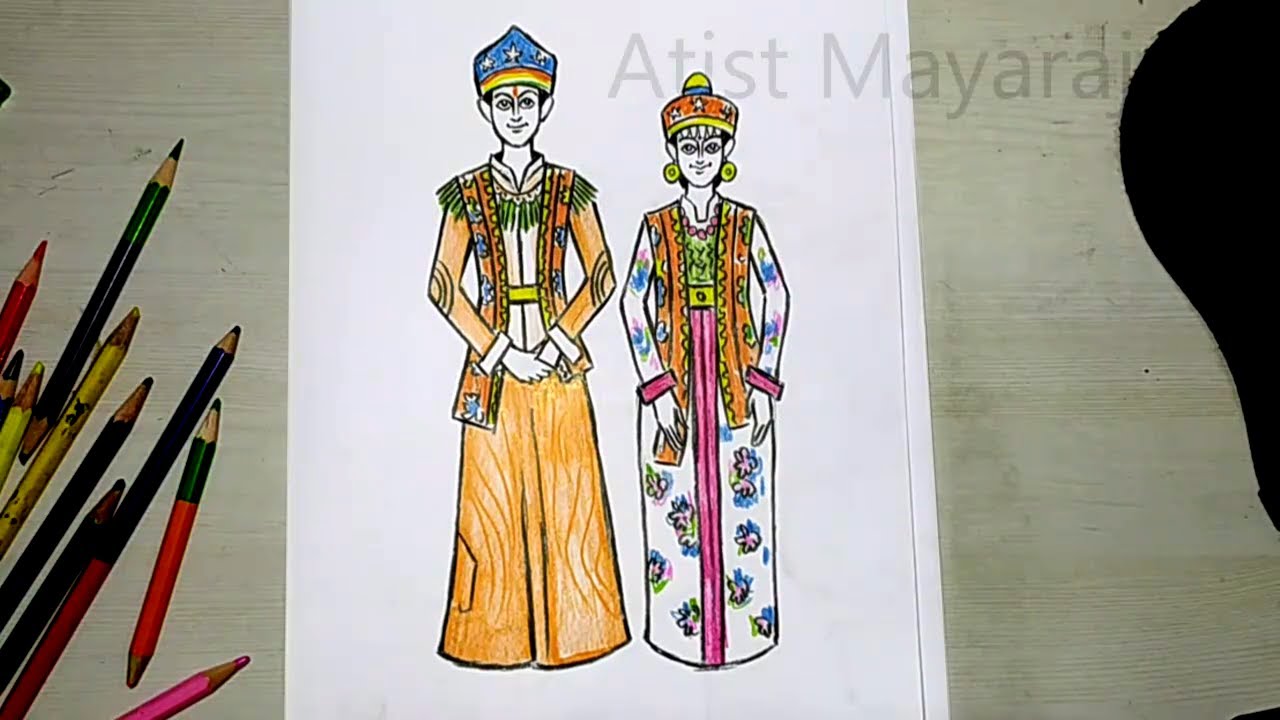 Sikkim drawing / Sikkim culture drawing / Sikkim poster / Couple in Sikkim traditional dress drawing