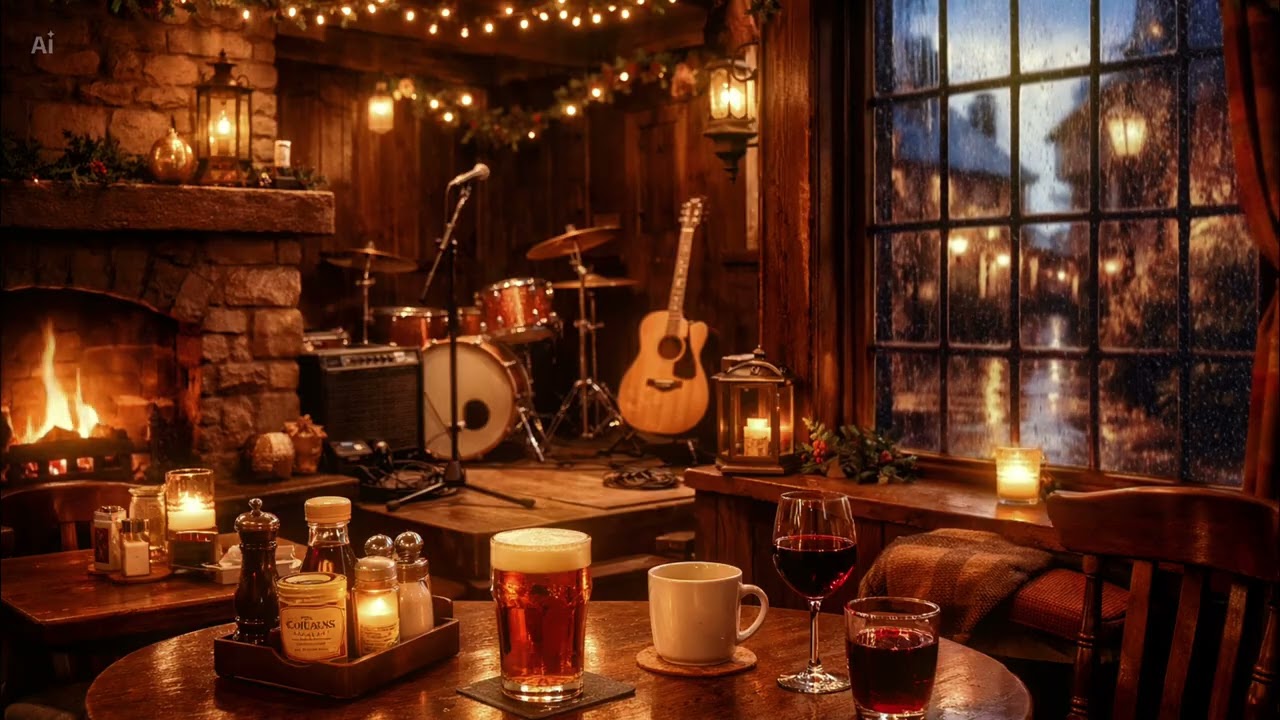 Cozy English Pub Ambience 🍺 Rainy Village Evening, Fireplace & Acoustic Music | Relaxing Pub Sounds