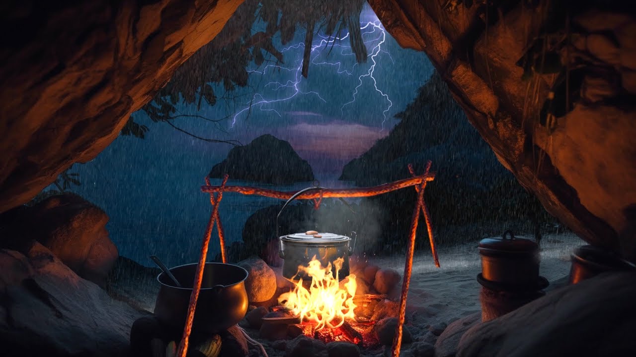 Hiding from Rain and Thunderstorm in Cave Fireplace Sounds | Cooking soup in the cave | Sleep, Study