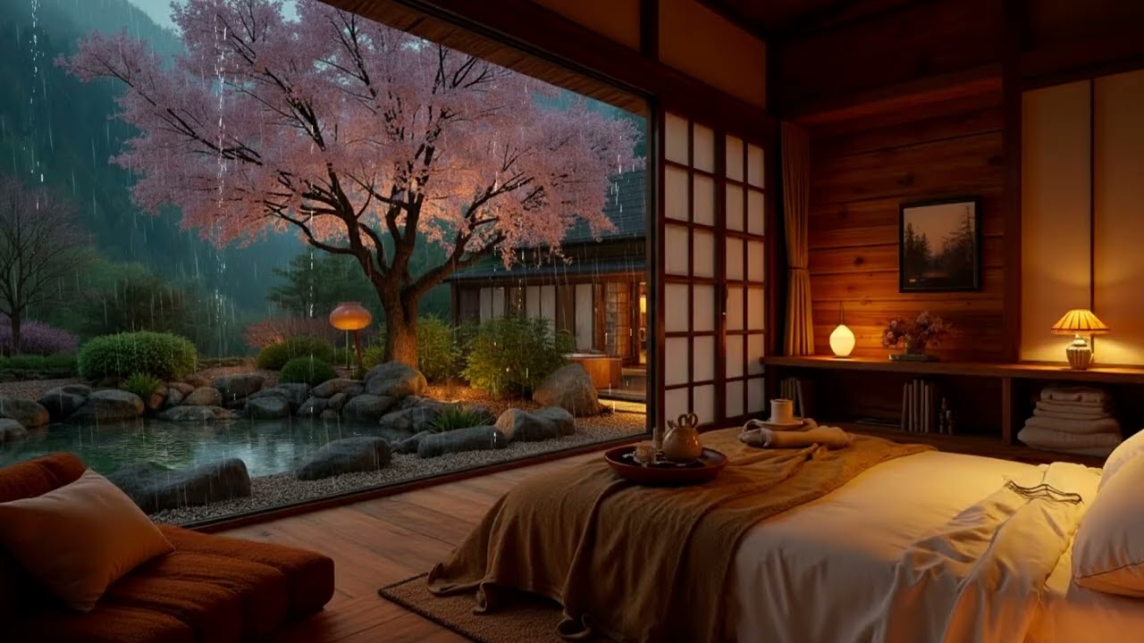 Light Rain in a Cherry Blossom Garden 🌧️ Peaceful Night Rain Ambience for Deep Sleep & Study