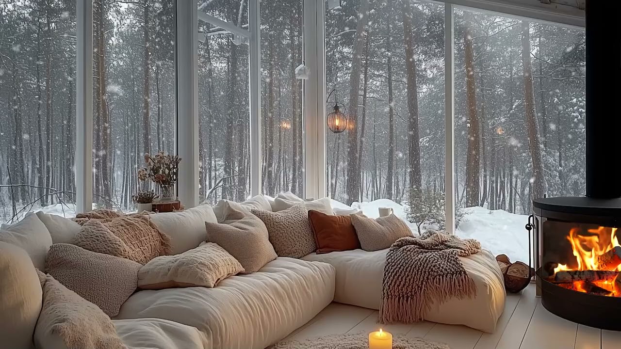 Soft Piano Soundscape with Fireplace Glow and Snowfall Outside for Peaceful Moments
